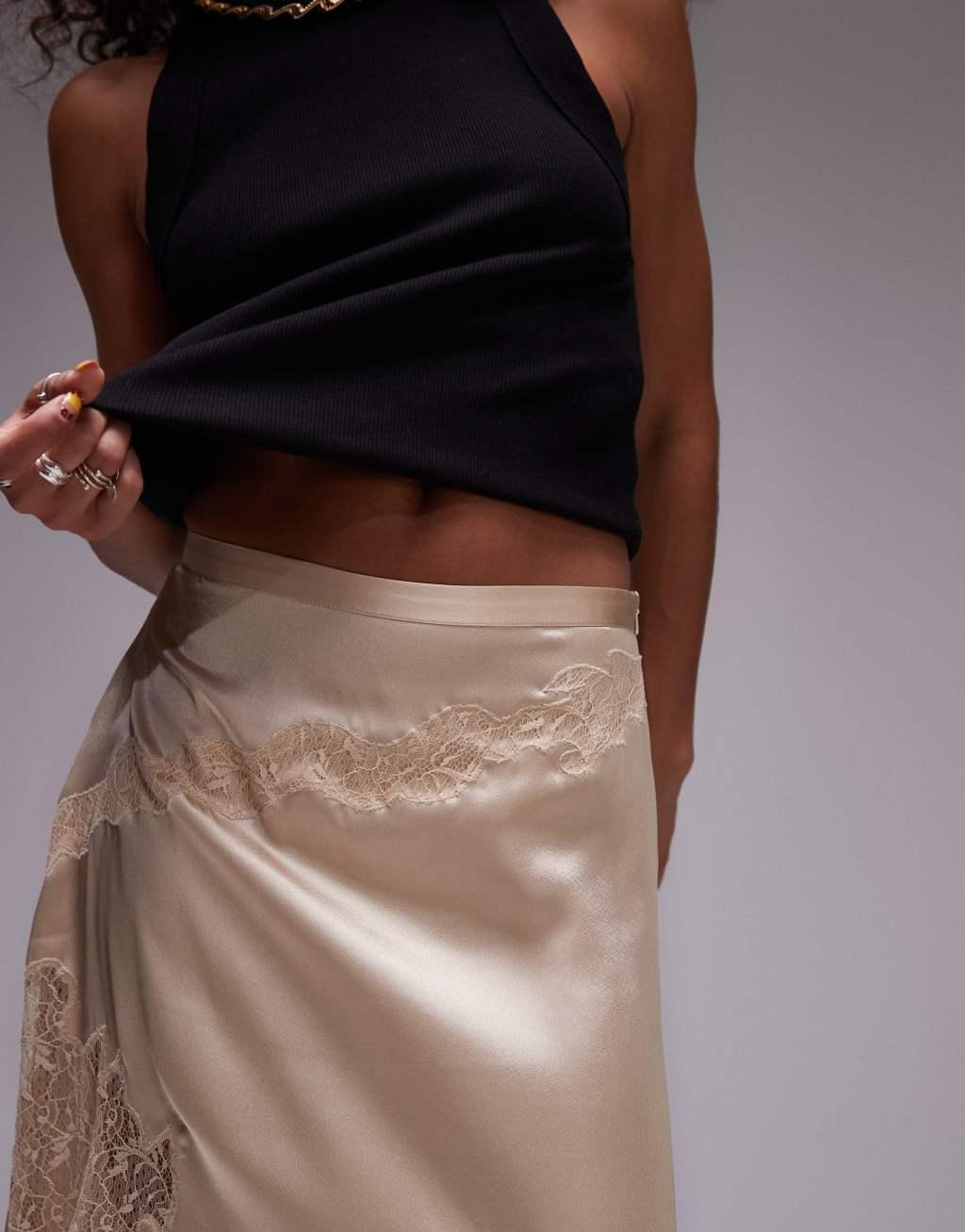Topshop satin and lace maxi skirt in oyster Product Image