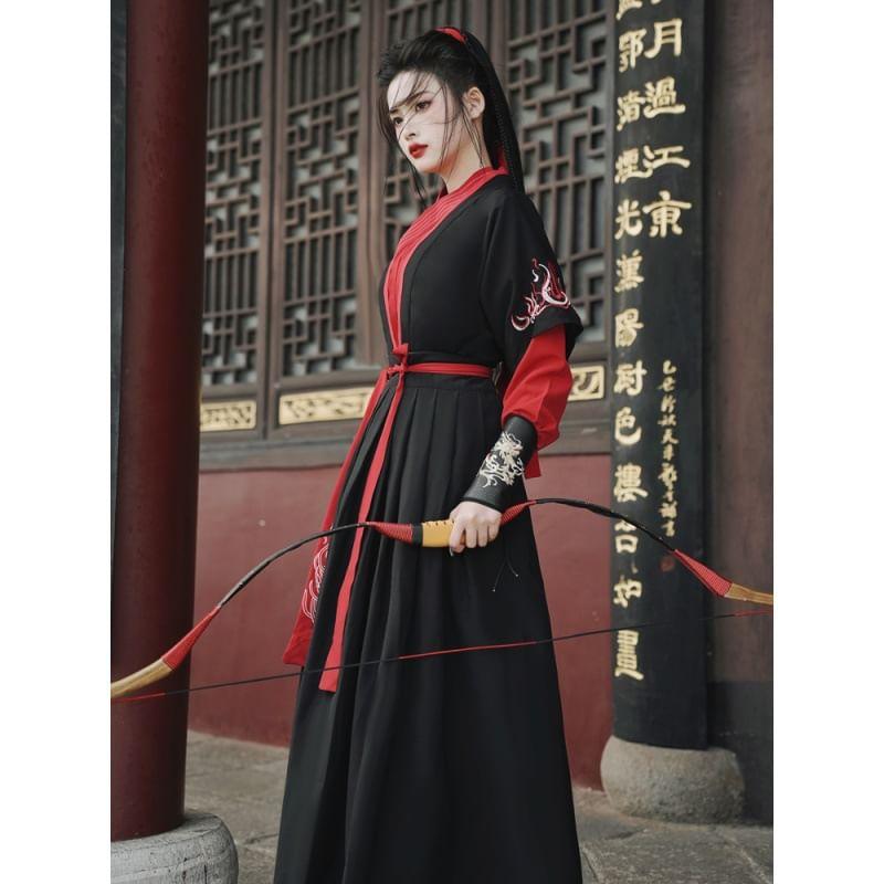 Traditional Chinese Long-Sleeve Embroidered Wrap Top / Short-Sleeve Light Jacket / Head Scarf / High Waist Maxi A-Line Skirt / Wrist Cuff / Set Product Image