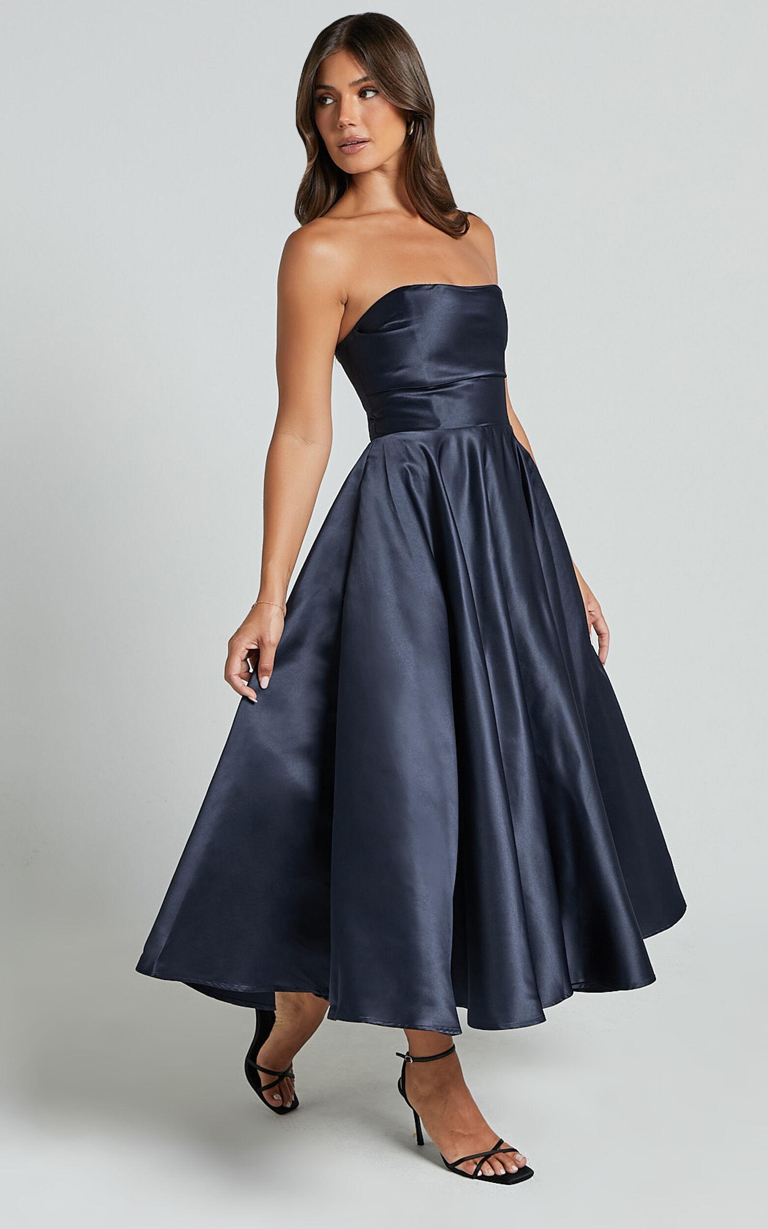 Helaina Midi Dress - Strapless A-Line Satin Dress in Navy Product Image