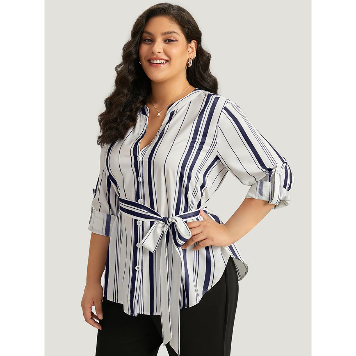 Plus Size Indigo Striped Arc Hem Belted Roll Tab Sleeve Blouse Women Office Long Sleeve V-neck Work Blouses BloomChic 18-20/2X Product Image