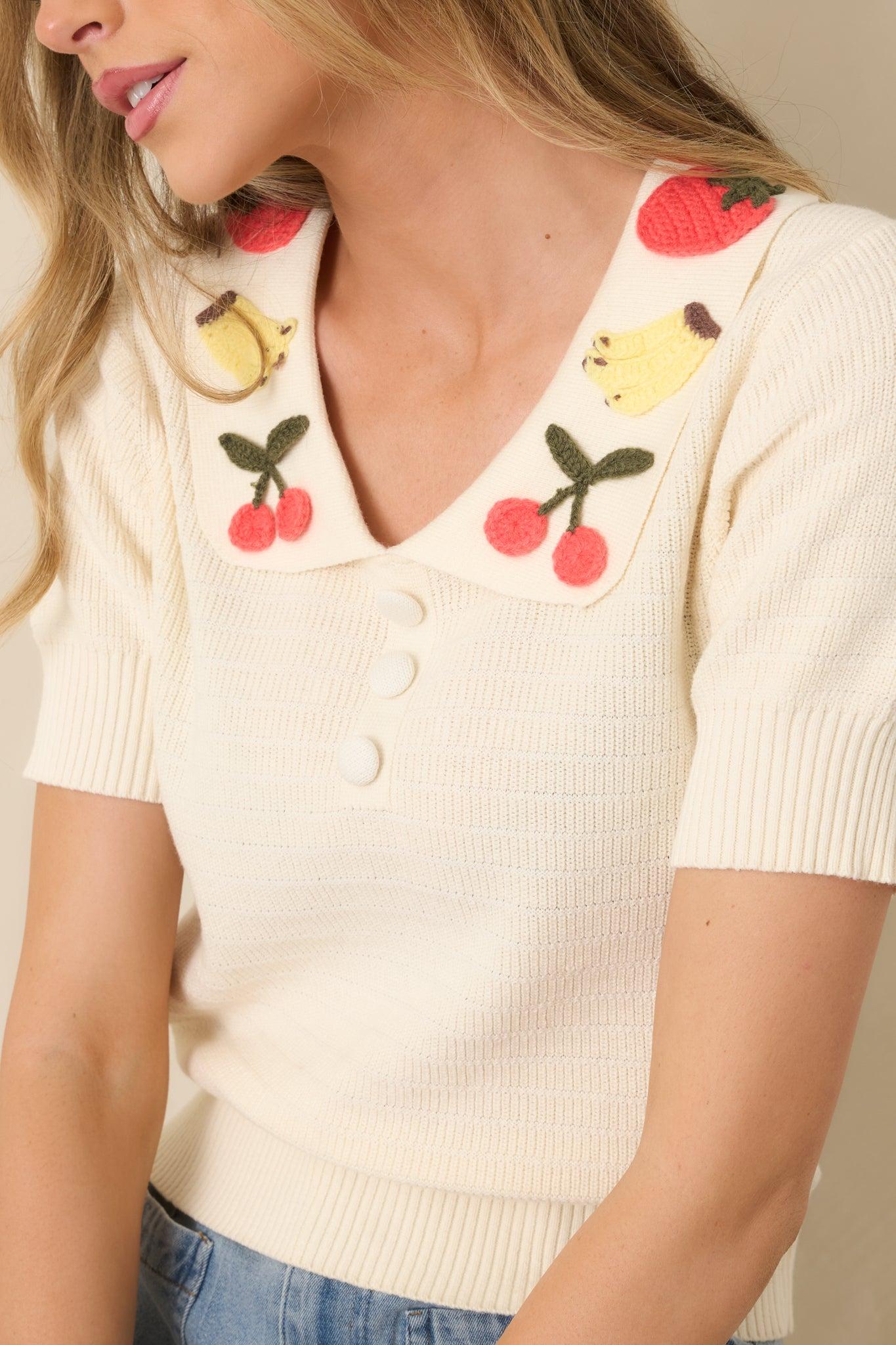 La Dolce Vita Ivory Embroidered Fruit Collar Sweater Product Image