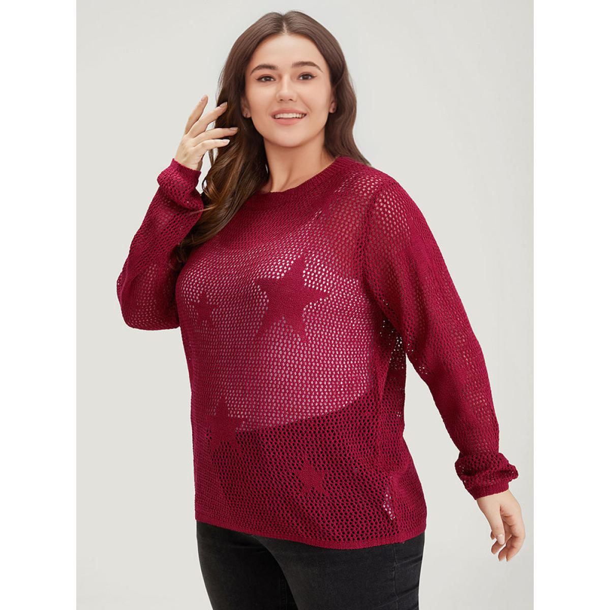 Plus Size Star Pattern Lantern Sleeve Hollow Out Pullover Raspberry Women Casual Long Sleeve Round Neck Everyday Pullovers BloomChic 18-20/2X Product Image
