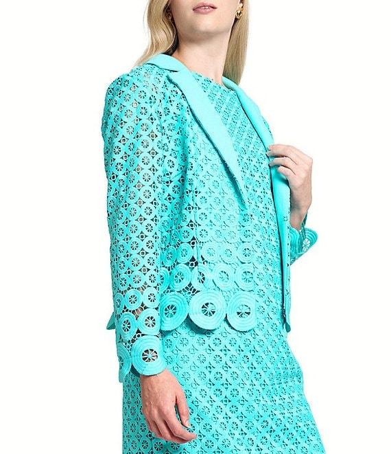 Ming Wang Eyelet Lace Cutout Notch Lapel V-Neck Long Sleeve Jacket Product Image