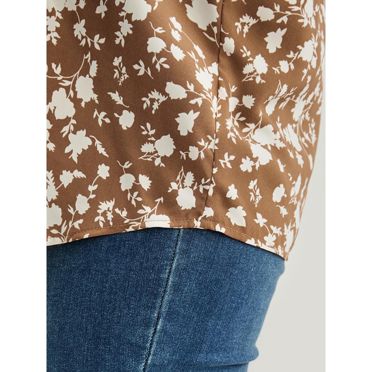 Plus Size Bronze Floral Lantern Sleeve Arc Hem Blouse Women Elegant Long Sleeve V-neck Dailywear Blouses BloomChic 10/M Product Image