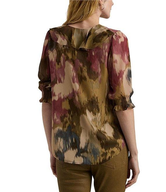 Lauren Ralph Lauren Watercolor Ruffle Trim Smocked Cuff Elbow Sleeve Length Blouse Product Image