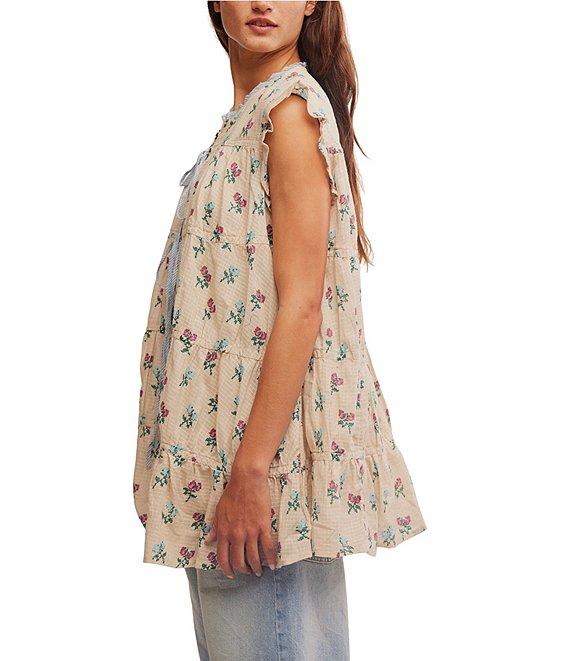 Free People Sundown Floral Print Split Neck Cap Sleeve Mini Babydoll Dress Product Image