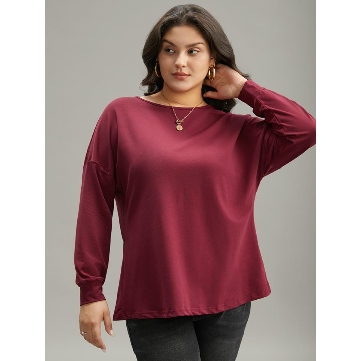 Plus Size Plain Guipure Lace Crisscross Cut Out Sweatshirt Women Burgundy Elegant Elastic cuffs Round Neck Dailywear Sweatshirts BloomChic 10/M Product Image