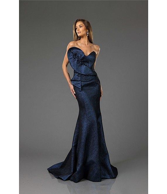 Terani Couture Sweetheart Neck 3D Ruffle Metallic Jacquard Mermaid Dress Product Image