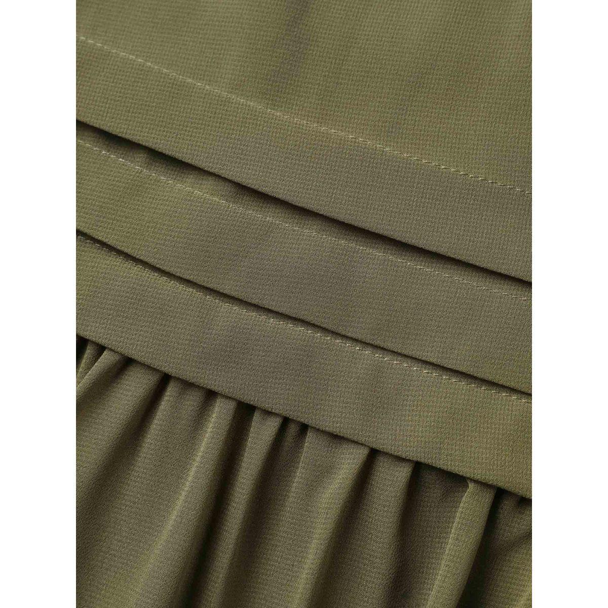 Plus Size Pleated Neck-Tie Tiered Solid Midi Dress ArmyGreen Women Flat collar with V-notch Long Sleeve Curvy BloomChic 18-20/2X Product Image