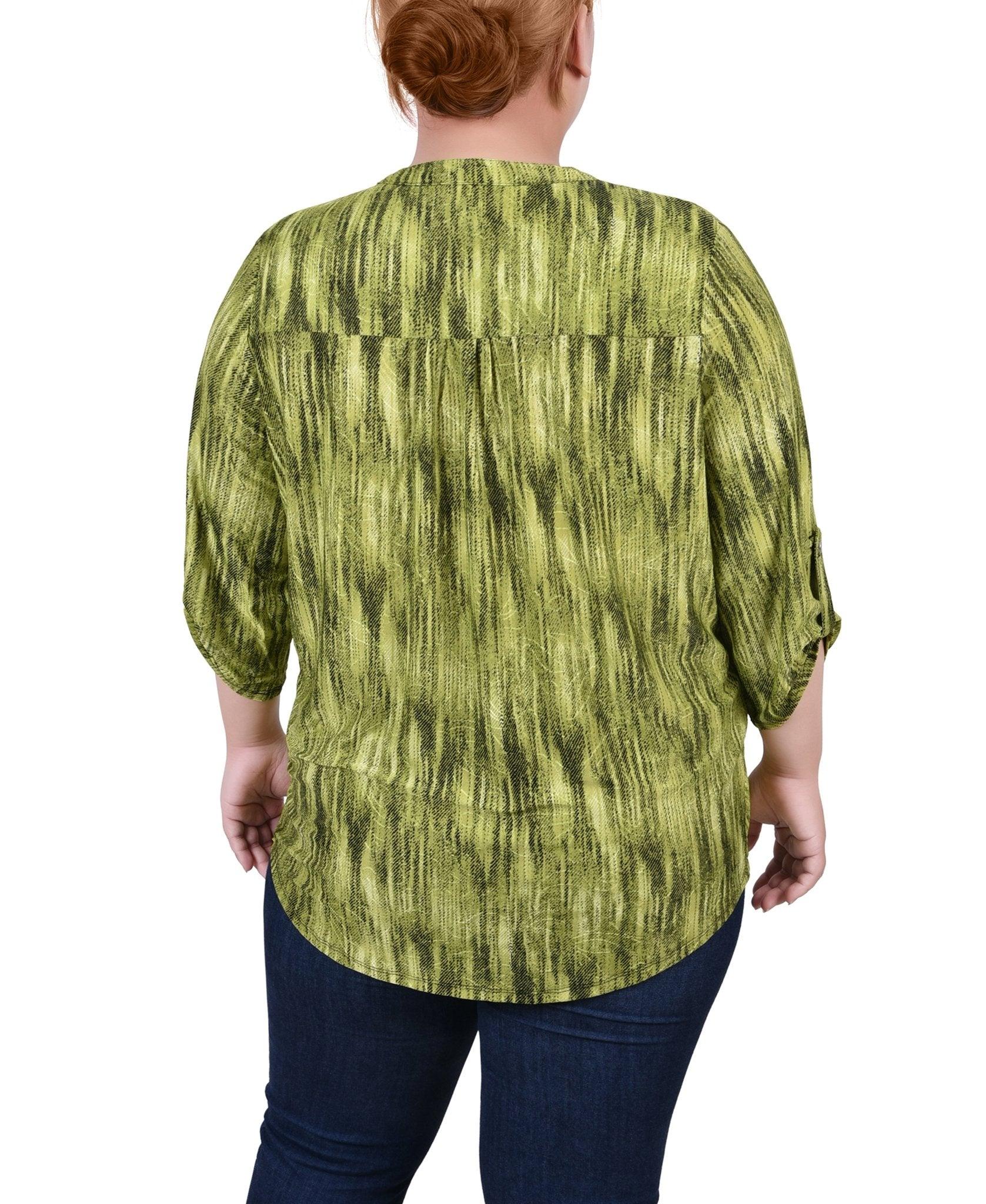 Chartreuse 3/4 Sleeve Roll Tab Y Neck Top - Plus Product Image