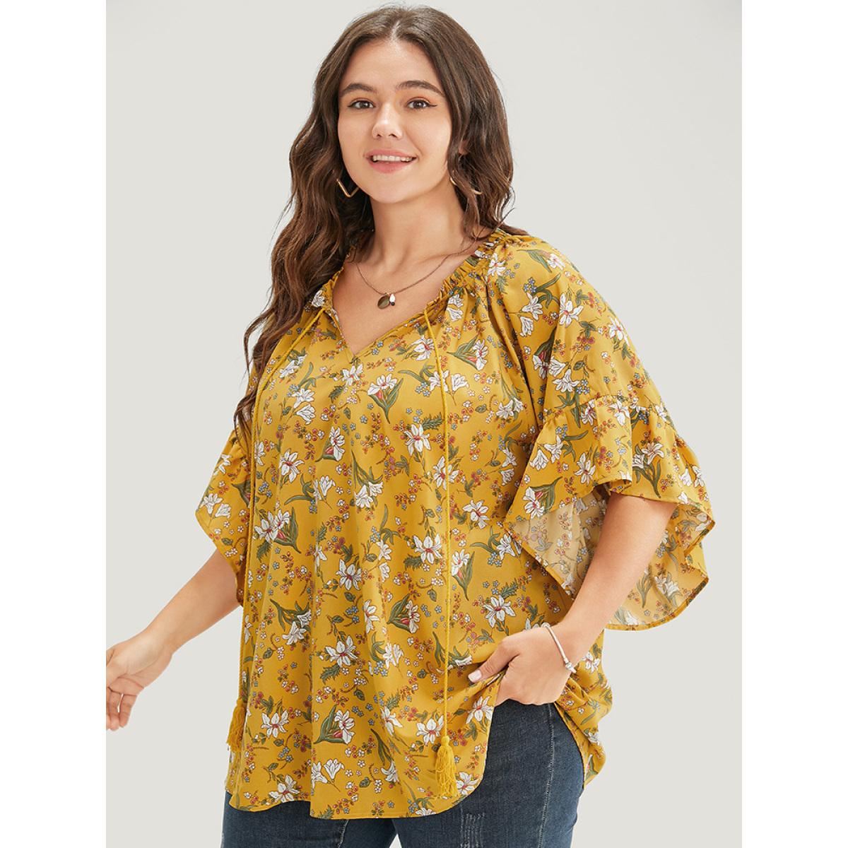 Plus Size Yellow Floral Tie Neck Tassels Frill Trim Ruffle Sleeve Blouse Women Elegant Short sleeve V-neck Dailywear Blouses BloomChic 14-16/1X Product Image
