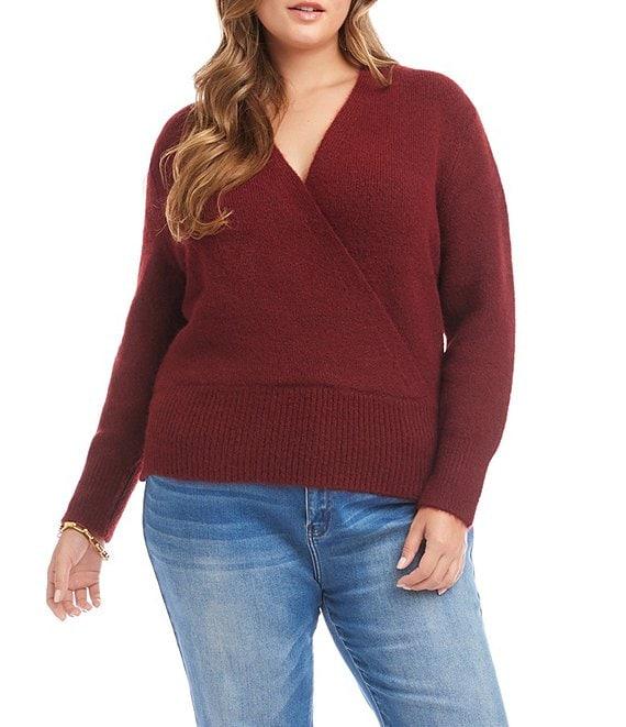 Karen Kane Plus Size Surplice V-Neck Long Sleeve Crossover Faux Wrap Knit Top Product Image