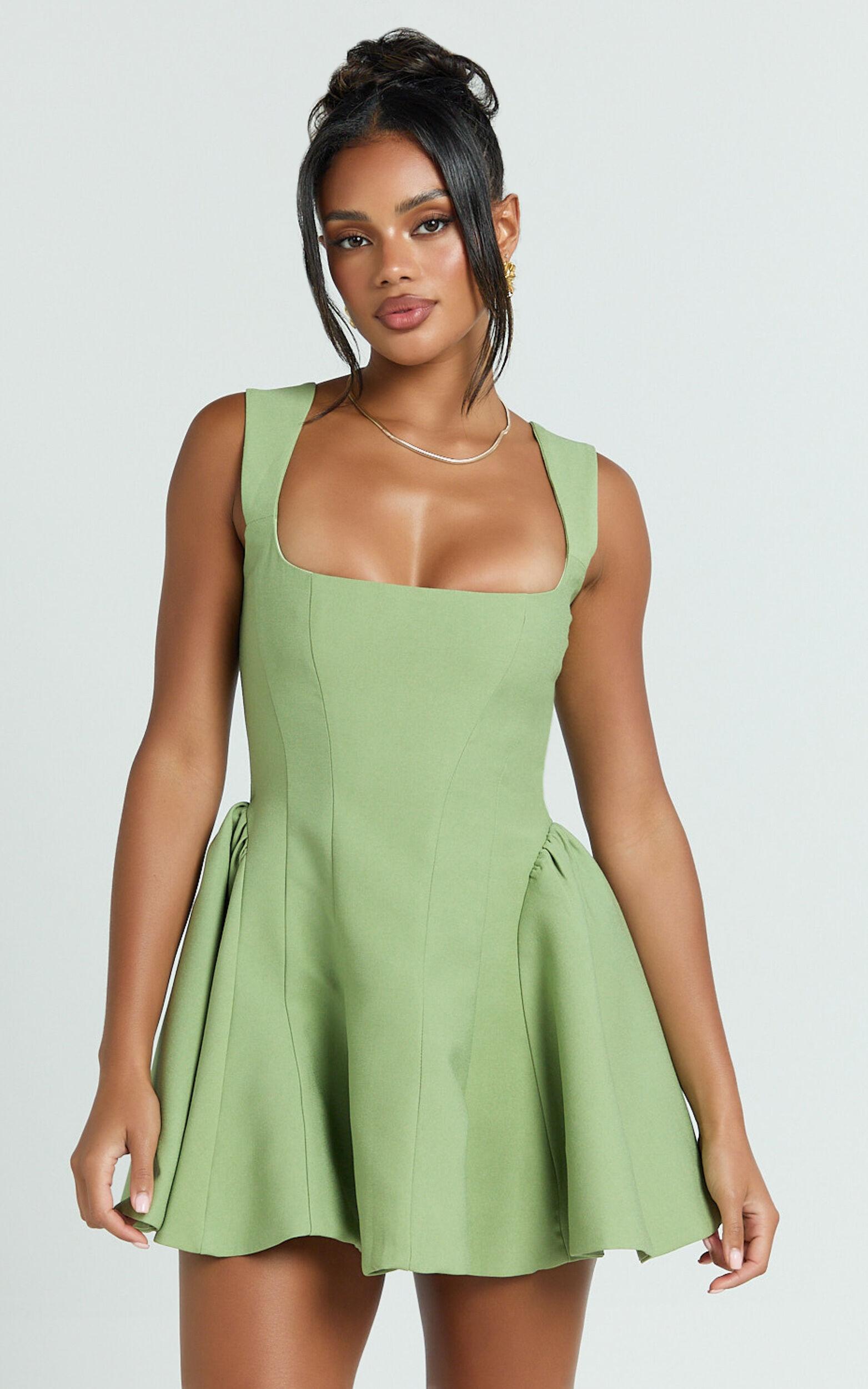 Kailee Mini Dress - Wide Strap Square Neck Fit And Flare Tulip Dress in Sage Product Image