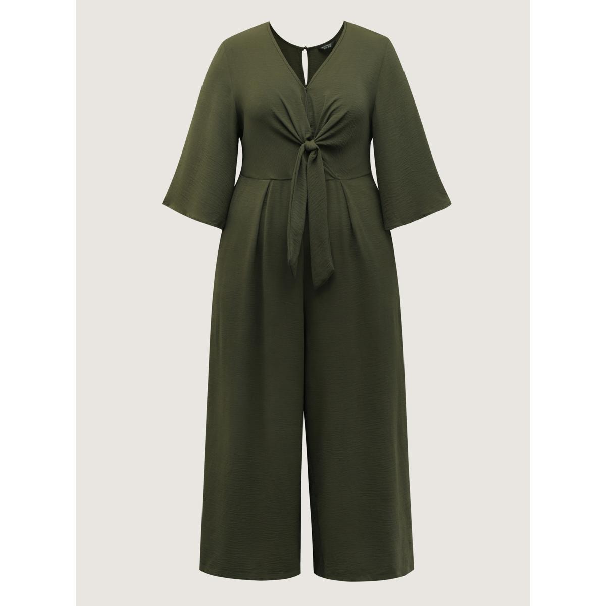 Plus Size ArmyGreen Tie-Front Three Quarter Sleeve Jumpsuit Women Leisure Elbow-length sleeve V-neck Casual Loose Jumpsuits BloomChic 14-16/1X Product Image
