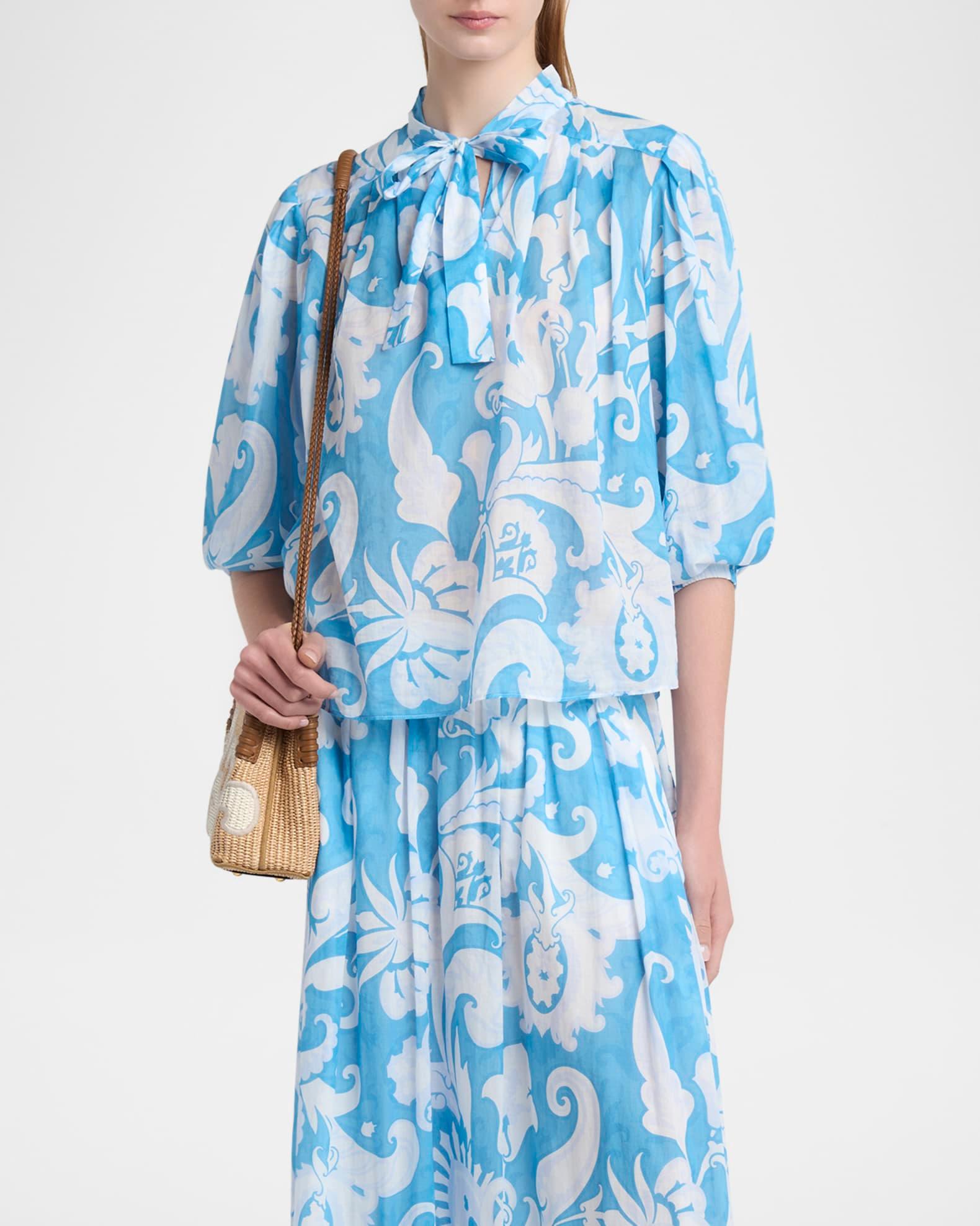 Summer Paisley Cotton Voile Tie-Neck Blouse Product Image