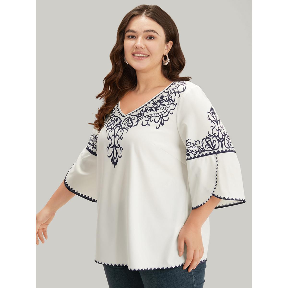 Plus Size WhiteSmoke Boho Print V Neck Petal Sleeve Blouse Women Vacation Elbow-length sleeve V-neck Dailywear Blouses BloomChic 18-20/2X Product Image