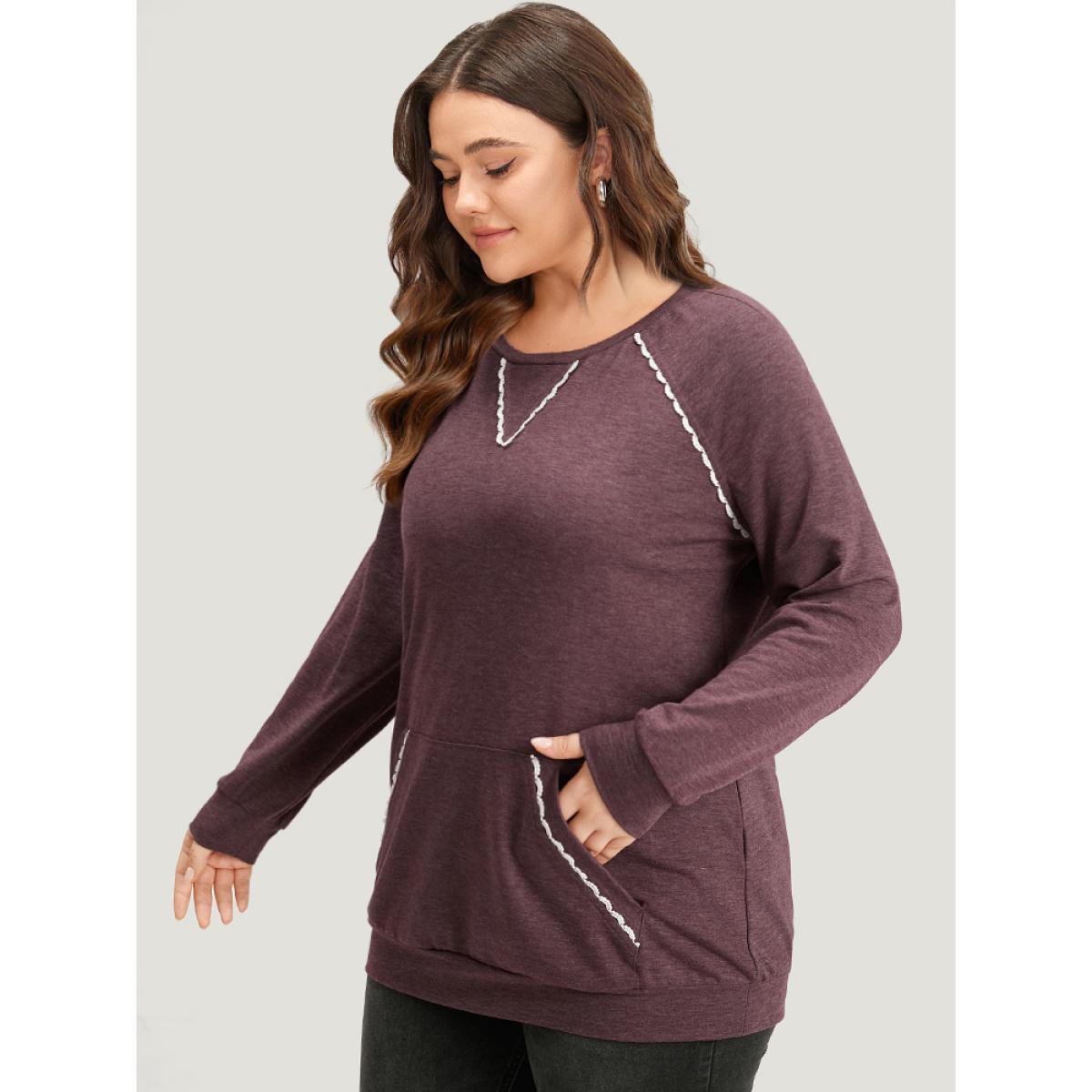 Plus Size Plain Heather Guipure Lace Raglan Sleeve Pocket Sweatshirt Women Eggplant Casual Heather Round Neck Dailywear Sweatshirts BloomChic 30/6X Product Image