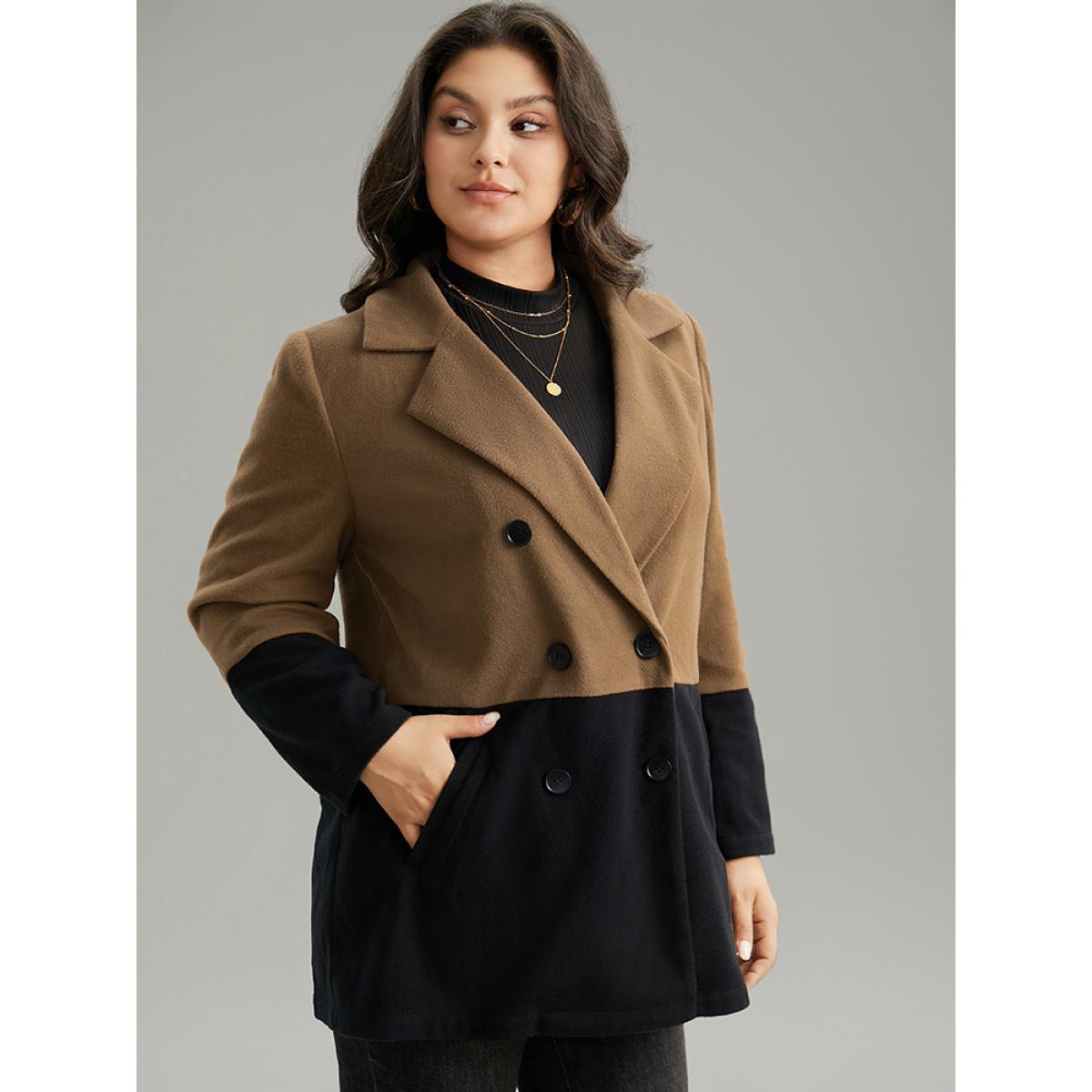 Plus Size Contrast Lapel Collar Double Breasted Pocket Coat Women DarkBrown Casual Contrast Ladies Dailywear Winter Coats BloomChic 26/4X Product Image
