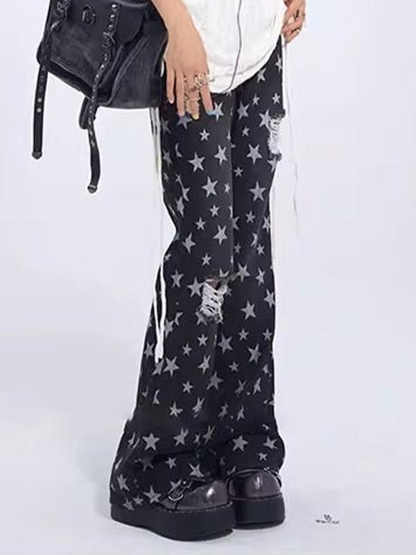 Vintage Star Print Ripped Flare Jeans Product Image