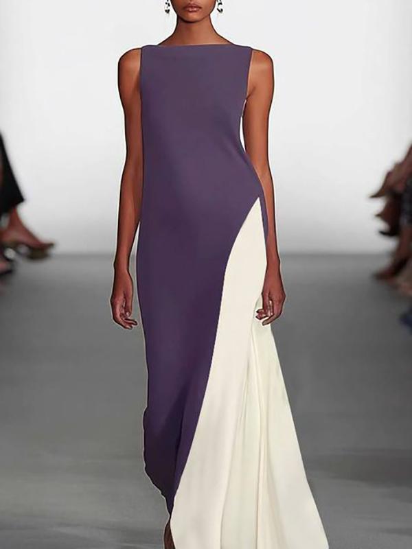 Loose Sleeveless Contrast Color Round-Neck Maxi Dresses Product Image