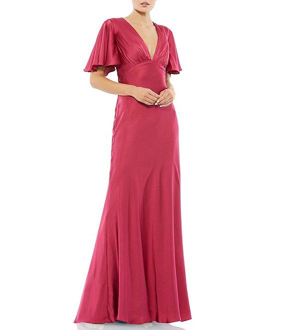 Mac Duggal Flounce Sleeve V-Neck Satin A-Line Trumpet Gown Product Image