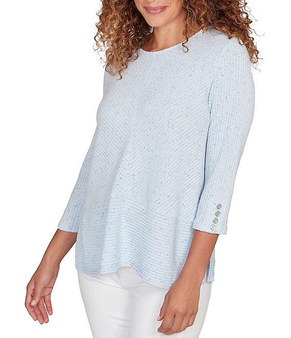Ruby Rd. Heather Speckeled Ribbed Knit Crew Neck 3/4 Sleeve Side Vented Top Product Image