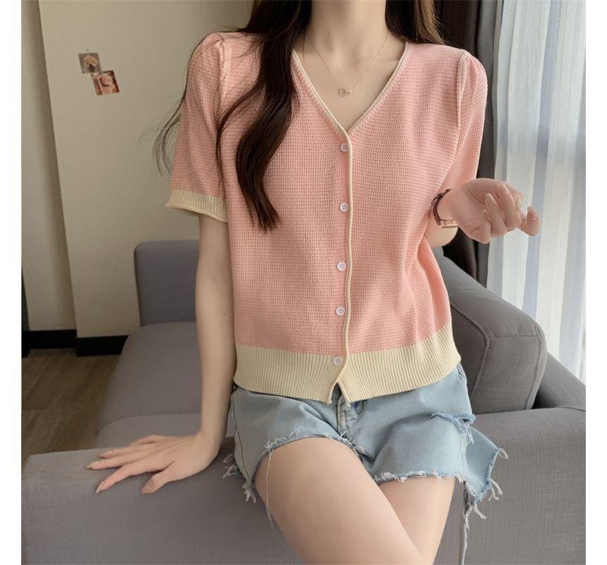 Short-Sleeve V-Neck Two Tone Cardigan Product Image