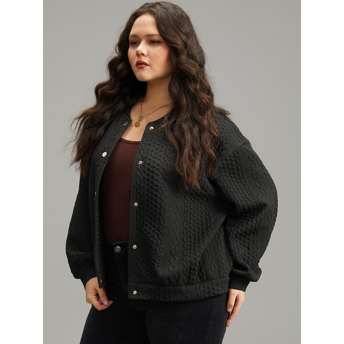 Plus Size Plain Texture Button Through Jacket Women Black Elastic cuffs Dailywear Jackets BloomChic 10/M Product Image