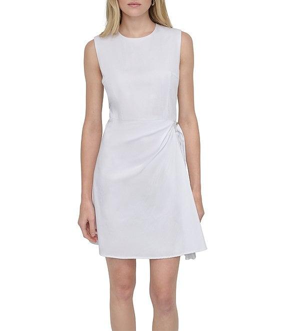 DKNY by Donna Karan Poplin Crew Neck Sleeveless Grommet Belt Sheath Dress Product Image