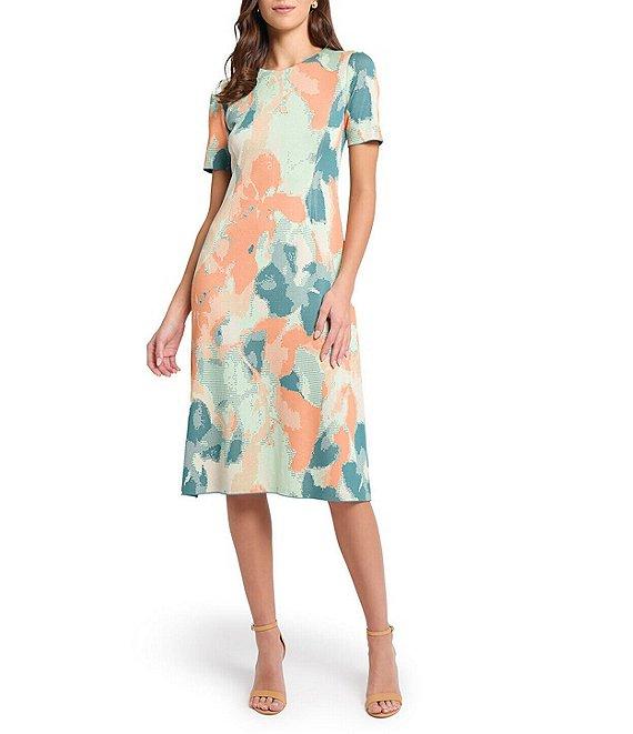 MISOOK Abstract Floral Knit Round Neck Short Sleeve A-Line Midi Dress Product Image