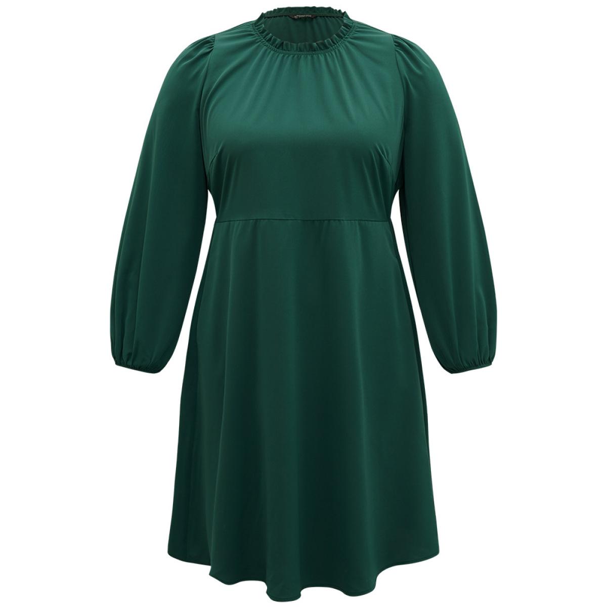 Plus Size Anti-Wrinkle Frill Trim Elastic Cuffs Dress DarkGreen Women Office Elastic cuffs Mock Neck Long Sleeve Curvy Midi Dress BloomChic 10/M Product Image