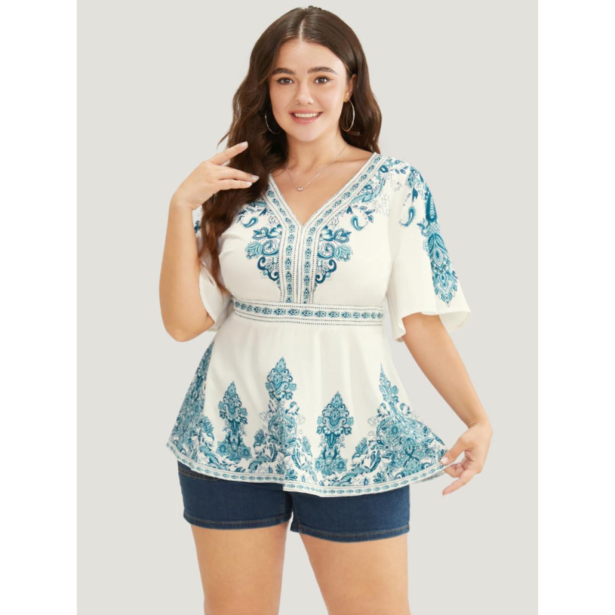 Plus Size Cerulean Bandana Print Ruffles Elastic Waist Blouse Women Vacation Short sleeve V-neck Dailywear Blouses BloomChic 22-24/3X Product Image