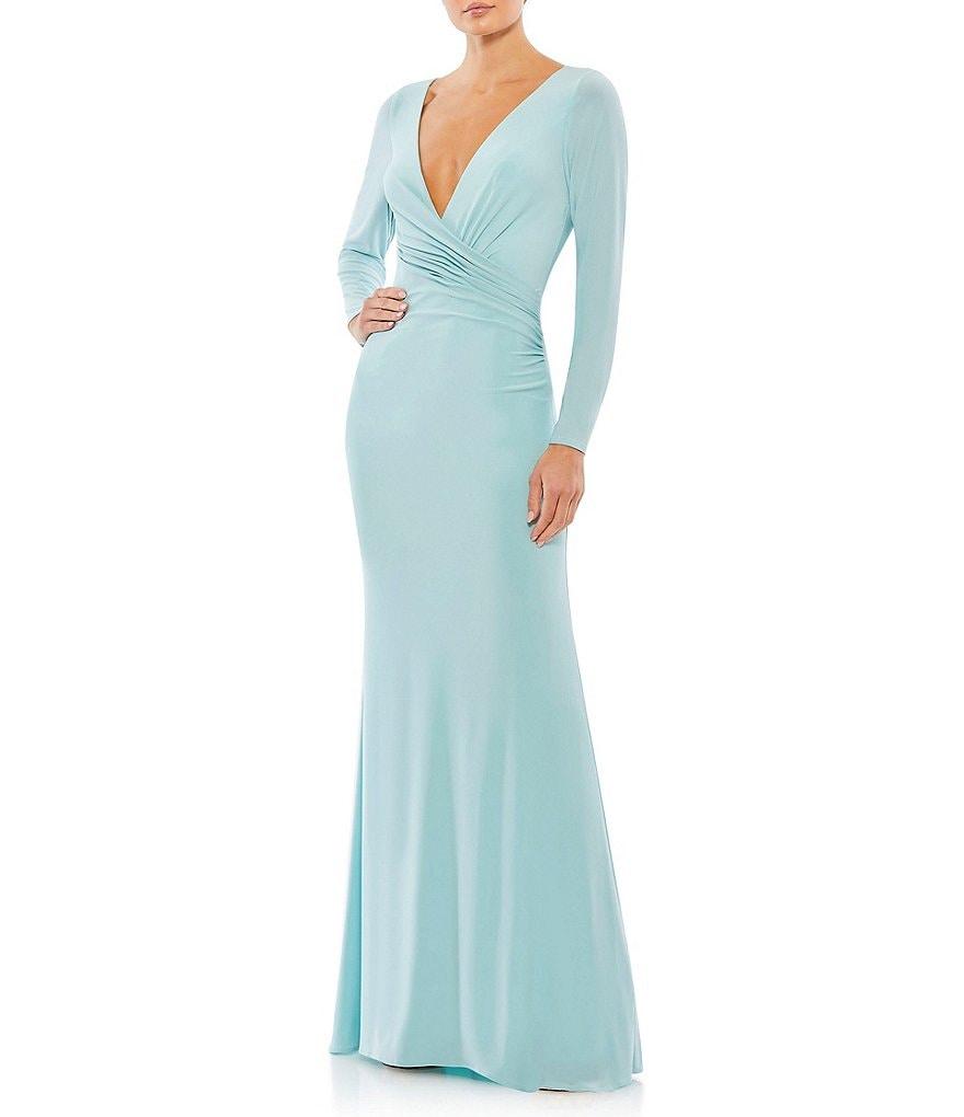 Mac Duggal Long Sleeve Surplice V-Neck Column Faux Wrap Gown Product Image