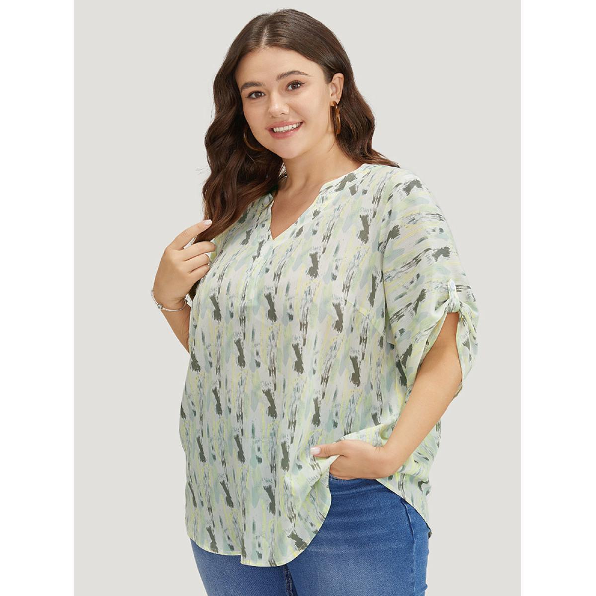 Plus Size LightGreen Brush Print Notched Neck Contrast Cuffed Sleeve Blouse Women Vacation Half Sleeve V-neck Dailywear Blouses BloomChic 18-20/2X Product Image