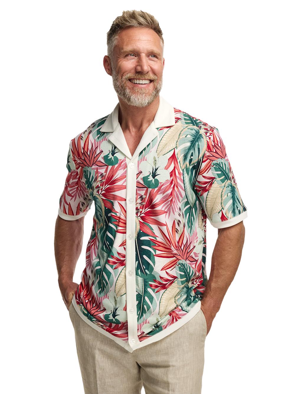 Linen Blend Full Button Front Camp Collar - Pink Multi Product Image