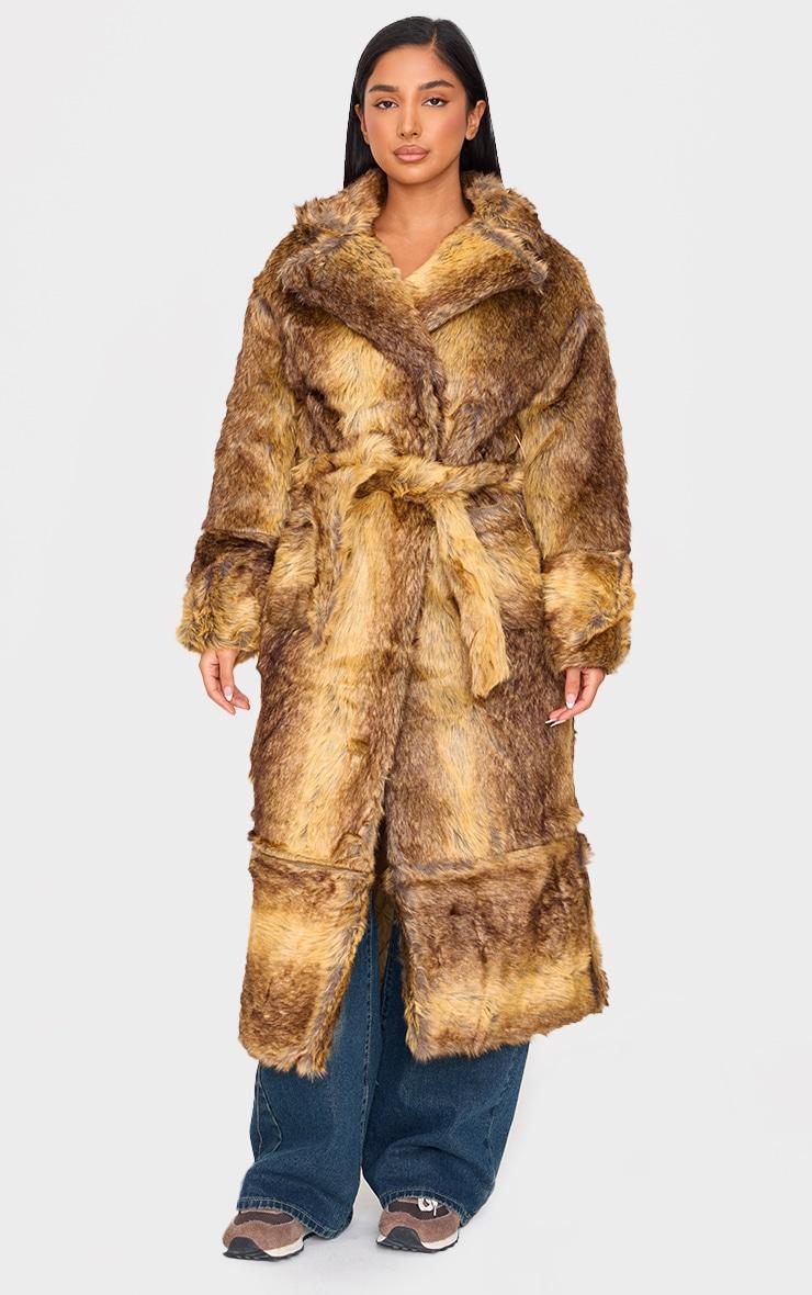 Petite Brown Faux Fur Longline Belted Coat Product Image