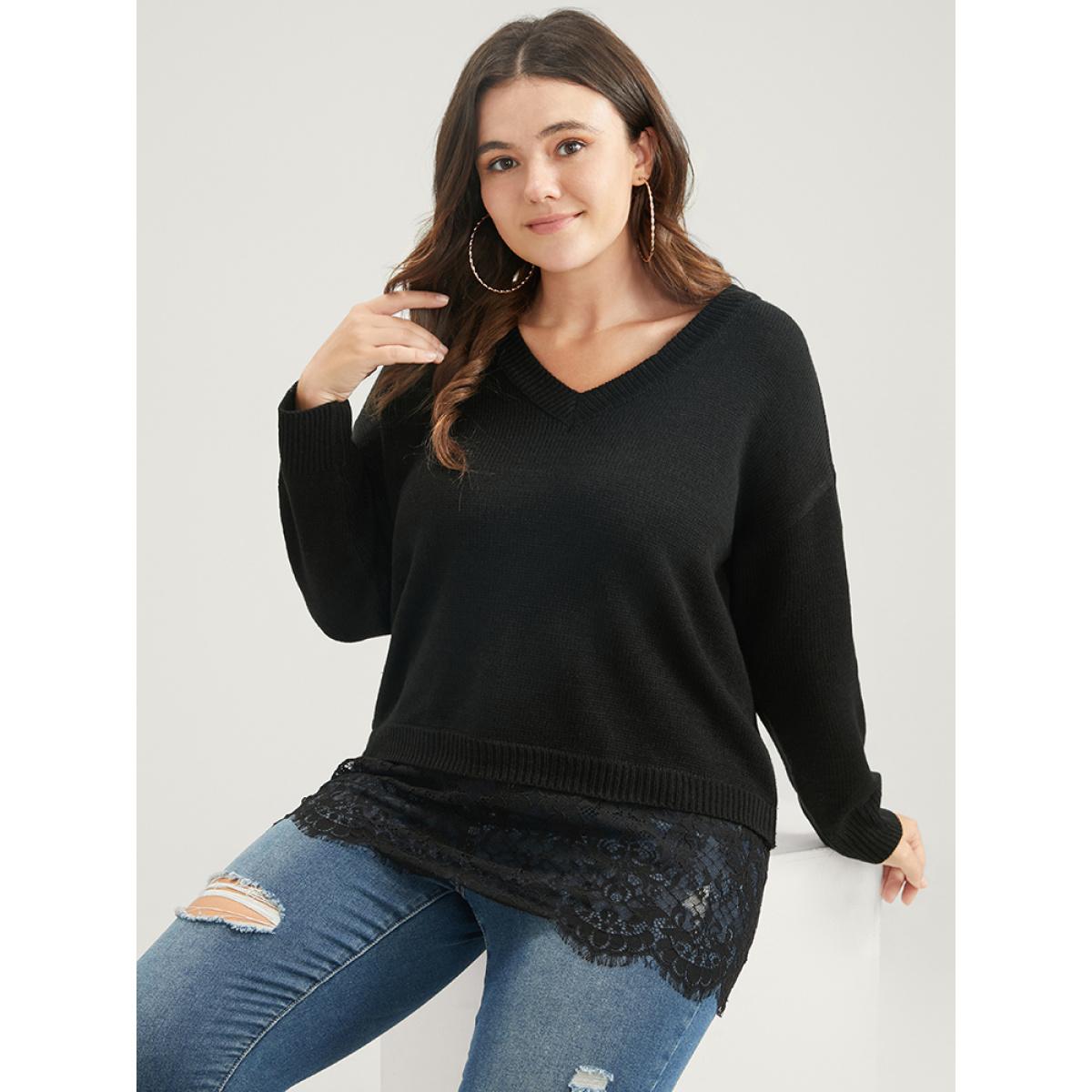 Plus Size Solid Pointelle Knit V Neck Lace Hem Knit Top Black Women Casual Long Sleeve V-neck Dailywear Pullovers BloomChic 14-16/1X Product Image
