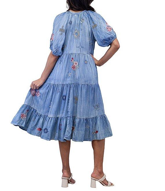 Karyn Seo Josie Chambray Vintage Doodle Embroidered Puff Sleeve Button Front Dress Product Image