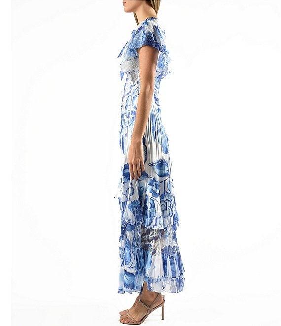 Komarov V-Neck Flutter Sleeve Printed Charmeuse Aline Maxi Dress Product Image