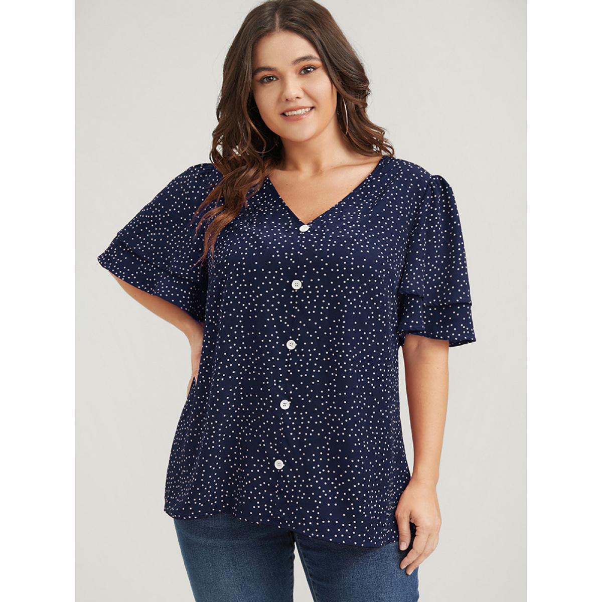 Plus Size Navy Polka Dot Ruffle Sleeve Button Front Blouse Women Elegant Short sleeve V-neck Dailywear Blouses BloomChic 28/5X Product Image