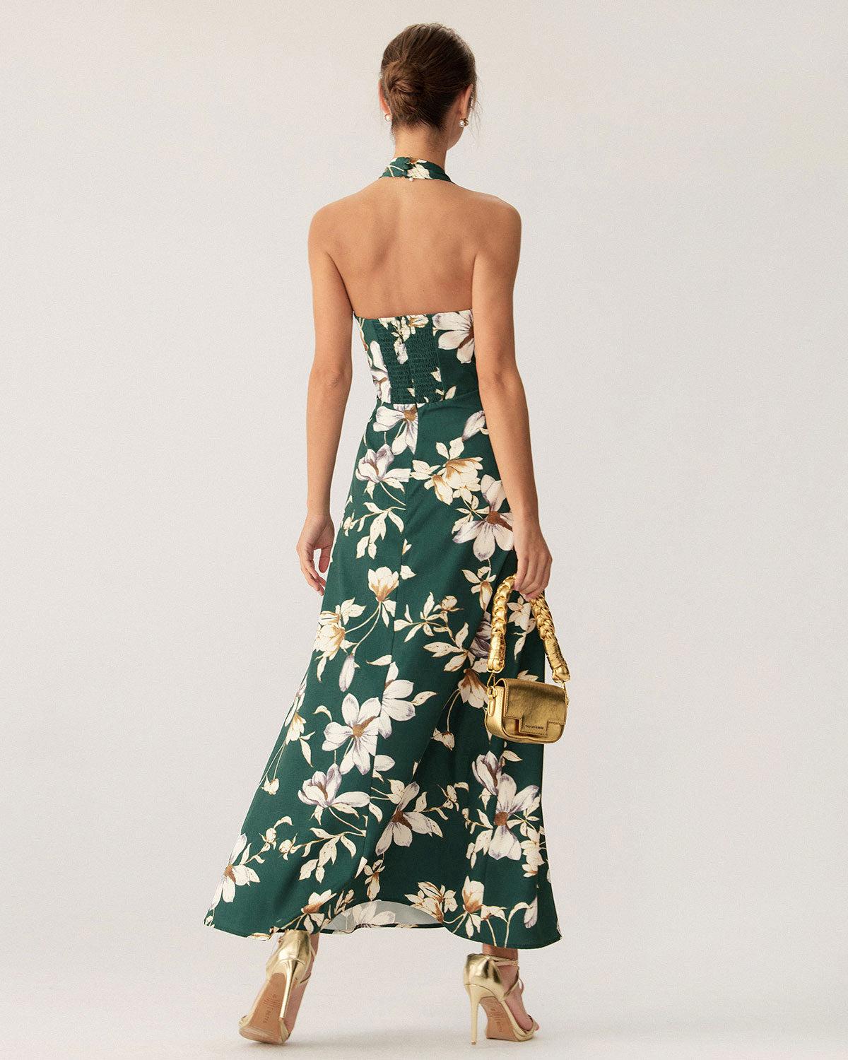 Green Floral Halter Maxi Dress Product Image