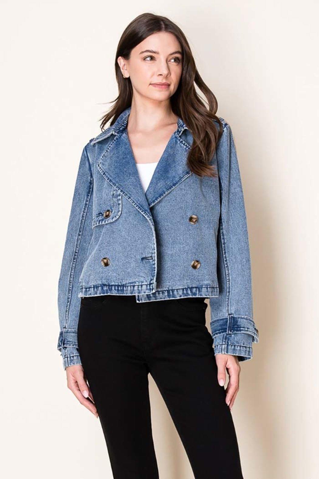 Washed Denim Cropped Trench Jacket Product Image