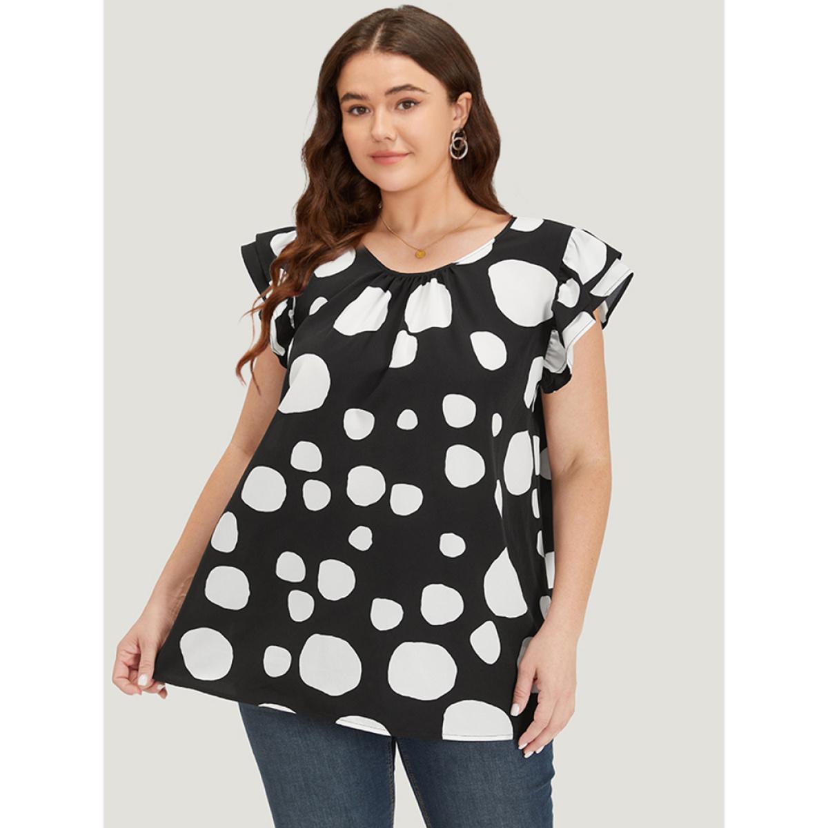 Plus Size Black Polka Dot Flutter Cap Sleeve Tiered Blouse Women Elegant Cap Sleeve Round Neck Dailywear Blouses BloomChic 30/6X Product Image