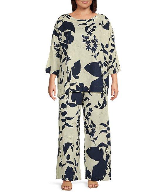 Bryn Walker Plus Size Foglie Print Flat Front Elastic Waist Wide Full Leg Coordinating Pants Product Image