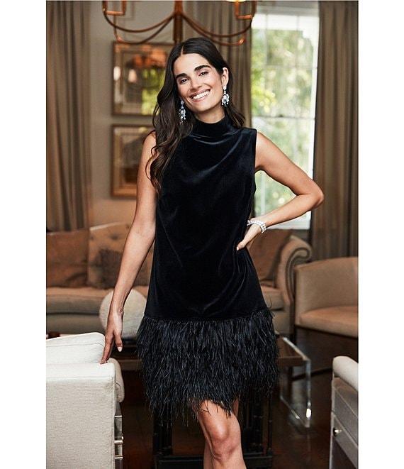 tyler boe Velvet Mock Neck Sleeveless Feather Trim Dress Product Image