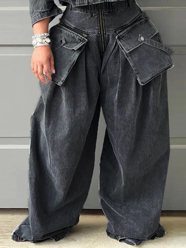 Loose Wide Leg Pleated Pockets Split-Joint Zipper Jean Pants Bottoms Product Image