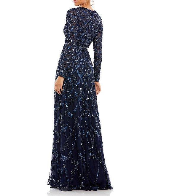Mac Duggal Round Neck Embellished Mesh Illusion Long Sleeve A-line Gown Product Image
