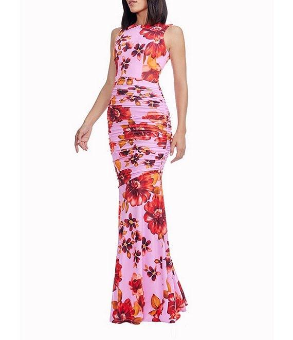 Dress the Population Violetta Round Neck Sleeveless Floral Print Chiffon Ruched Maxi Dress Product Image