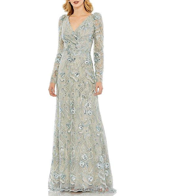 Mac Duggal Illusion Embroidered Lace V-Neck Long Puff Sleeve Trumpet Gown Product Image