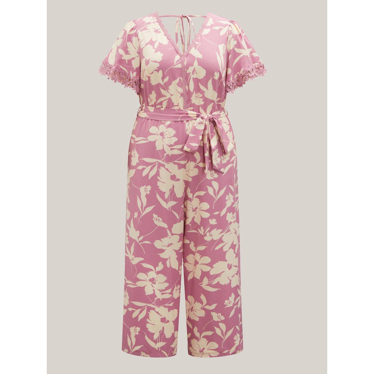Plus Size Beanpastepowder Floral Print Back Tie Jumpsuit Women Timeless Short sleeve V-neck Elegant Loose Jumpsuits BloomChic 26/4X Product Image